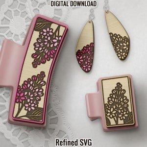 Lilac Flowers Hair Clips + Matching Flowers Earring SVG File Set, Floral 2 Hair Clip Files + Earring SVG Files, Flowers Claw Hair Clip Files