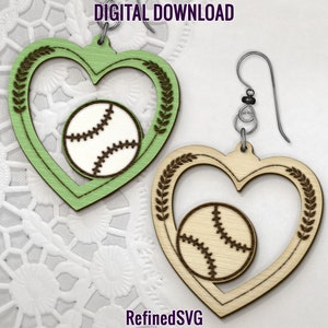 Baseball Heart Earring SVG,  Baseball Earring Cut Files, Glowforge SVG, Sports Earring SVG, Baseball Wood Earring Files, Commercial Use