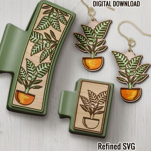 Plant Hair Clips SVG + Matching Earring File Set, Houseplant Laser Hair Claw, Glowforge Hair Clip, Claw Clip Laser File, Hair Clip SVG File