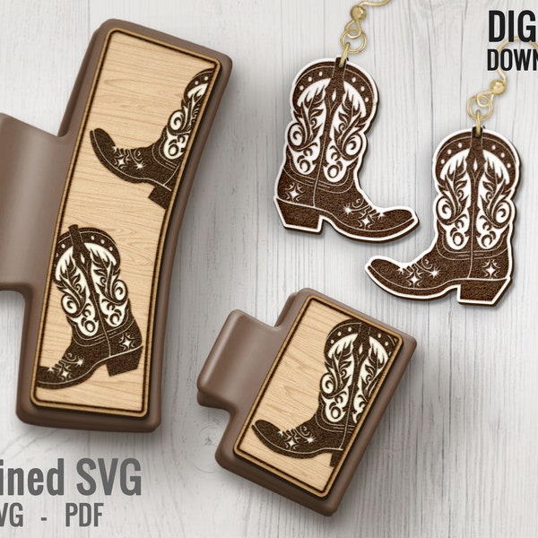 Cowboy Boots Hair Clips + Matching Earring SVG File Set, 2 Western Hair Clip Files + Earring SVG Files, Set of Claw Hair Clip Laser Design