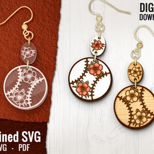 Baseball Flowers 2 Part Earring SVG, Baseball Floral Engraved Earrings Files, Glowforge SVG, Sports Earring SVG, Baseball Wood Earring Files