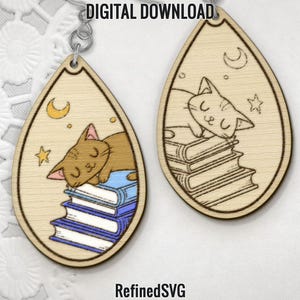 Cat and Books Earring SVG: Kitten Dangle Earring Files, School, Teacher (Digital Download)