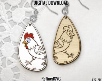 May include: A pair of wooden earrings with a cartoon chicken design. One earring is white with red and black details, and the other is natural wood with black details.