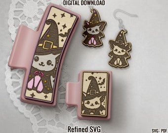May include: A set of three digital downloads featuring a witch cat design. The design includes a cat wearing a witch hat and a cape with stars. The design is available in three sizes: a large clip, a small clip, and a pair of earrings.
