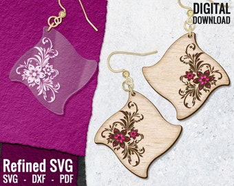 Archivo SVG de aretes florales cortados con láser: Diseño de flores de madera (descarga digital)