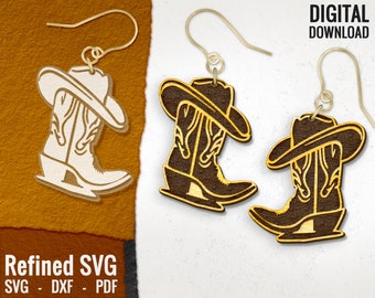 May include: A pair of wooden earrings featuring a cowboy boot with a hat on top. The earrings are brown and white and have gold hooks.