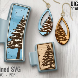 Snow Covered Pine Hair Clips SVG + Matching Earring File Set, Pine Hair Clip Laser File, Hair Claw Template, Earring SVG, Claw Clip SVG File