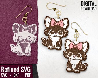 Cat with Bow Earring SVG: Kitten Laser Cut File (Digital Download)