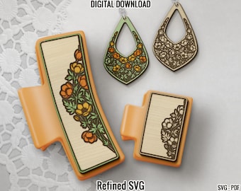Flower Hair Clip & Earring SVG, Floral Laser Cut File Set (Digital Download)