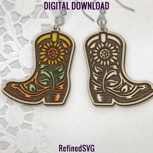 Pendiente de girasol con botas de vaquero SVG, archivo cortado por láser para pendiente de baile en línea, diseño de pendiente del oeste, pendiente del salvaje oeste SVG, baile en línea SVG