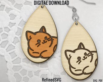 Cute Cat Earring SVG, Cat Laser Earring File, Feline Wood Earring SVG, Cat Earring Cut Files, Animal Acrylic Earring SVG, Commercial Use