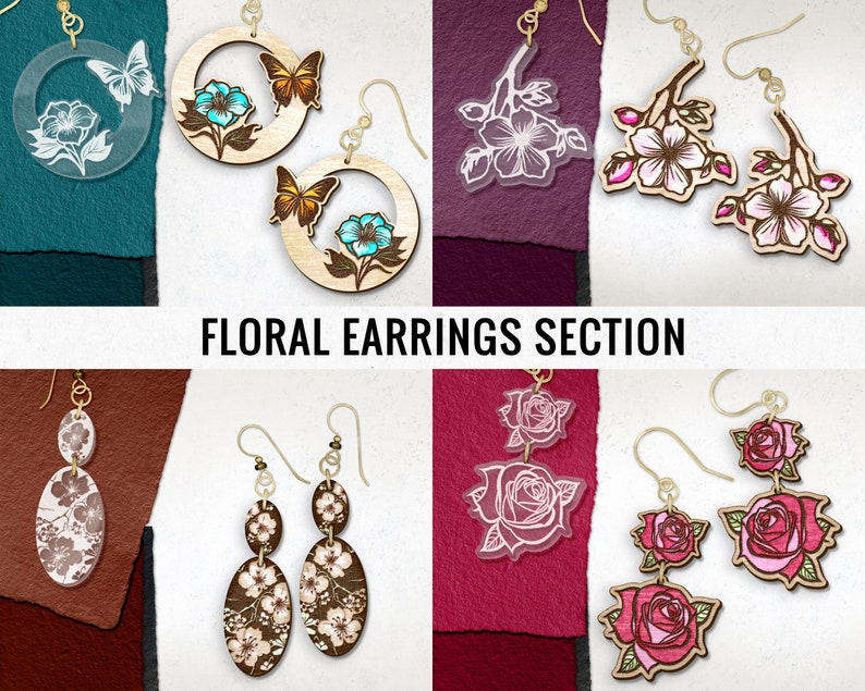 May include: Assortment of floral earrings featuring various designs, including butterflies, cherry blossoms, roses, and abstract floral patterns. The earrings are made of wood and have gold-tone metal findings. "Floral Earrings Section" is written in the center of the image.