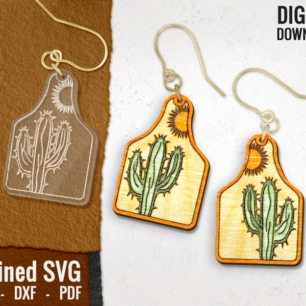 Texas Cactus Cow Tag Laser Earring SVG File, Cactus Wood Earring SVG, Cow Tag Earring Cut Files, Cactus Acrylic Earring SVG, Commercial Use