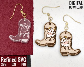 Cowboy Boot Cow Earring SVG: Western Laser Cut File (Digital Download)