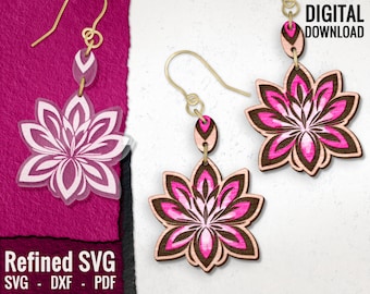 Pendiente floral SVG: Diseño floral grabado con láser (descarga digital)