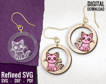 Cat Round Earring SVG, Kitten Laser Earring File, Animal Wooden Earring, Cat Laser Cut File, Laser Earring File,Glowforge, Commercial Use