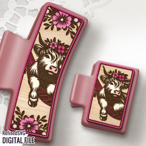 Highland Cow Hair Clip SVG Laser Cut File, Rustic Cow Vector Design for Laser Engraving on Hair & Claw Clips, Western Digital Download
