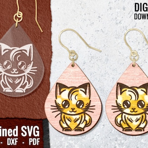 Cat Earring SVG, Cute Cat Cutting Machine File, Craft Machine File, Wood Earring SVG, Digital Laser Cut Jewelry, Glowforge, Commercial Use