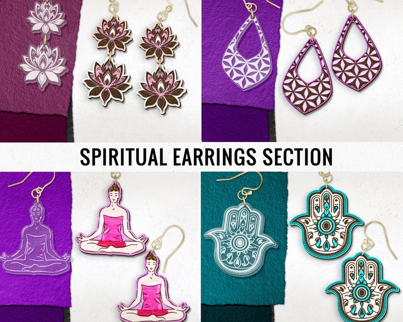 May include: Assortment of spiritual earrings featuring various designs, including lotus flowers, geometric patterns, hamsa hands, and yoga figures. The earrings are made of wood and acrylic and come in a variety of colors, including purple, pink, brown, teal, and white.