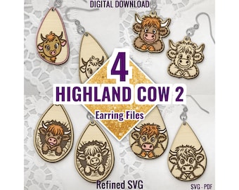 Highland Cow Earring SVG Bundle, 4  Cow Earring Files, Farm Earring SVG Set, Rustic Cow Earring File, Cattle Earrings, Farm Animal Earrings