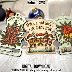 Christmas Money Holder Ornament SVG: Poinsettia, Reindeer, Jingle Bells, Cash Clip File  (Digital File)