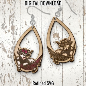 Highland Cow in Hammock Earring SVG, Highland Cow Earring Laser Cut File, Highland Cow Earring Digital Download, Acrylic Earring SVG