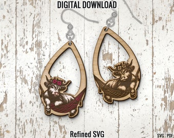 Highland Cow in Hammock Earring SVG, Highland Cow Earring Laser Cut File, Highland Cow Earring Digital Download, Acrylic Earring SVG