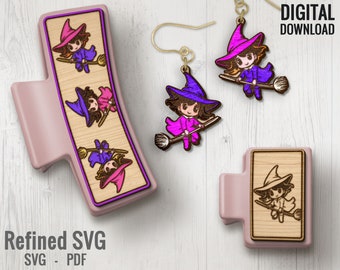 May include: Wooden witch-themed earrings and display stands. The earrings and display stands feature a cartoon witch riding a broom, wearing a purple or pink hat and outfit. The text "DIGITAL DOWNLOAD" is visible. The text "Refined SVG" and "SVG - PDF" are also visible.