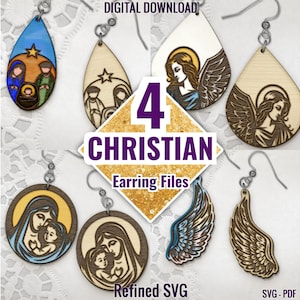 Christian Earring SVG-bundel, 4 religieuze oorbellen, katholieken Earring SVG, Mother Marry Earring-bestand, geboorte, Angel Earring-bestand