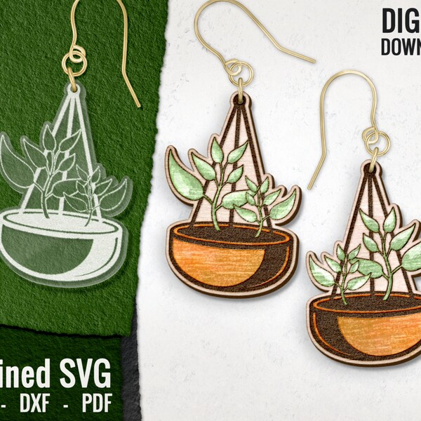 Plant Hanging Basket Earring SVG, Houseplant Wood Earring SVG, Floral Laser Cut File, Plant Laser Cut Design, Glowforge, Commercial Use