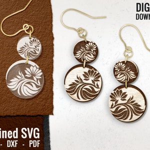 Leaves Round Earring SVG, Flower Earring File, Acrylic Earring SVG, Floral Wood Earring SVG, Floral Laser Cut Earring File, Commercial Use