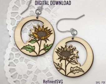 Boucle d'oreille tournesol SVG : fichier floral gravé au laser (téléchargement numérique)