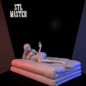 May include: A white 3D printed figurine of a woman in a bikini lying on a white couch. The woman is smiling and giving a peace sign. The background is black with a red and blue light.