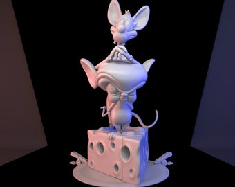 May include: A 3D-printed sculpture of a cartoon mouse character, standing atop a block of Swiss cheese. The mouse has large ears and is posed with its hands together. The sculpture is white and sits on a round base. The text "masterstl" is in the upper left corner.