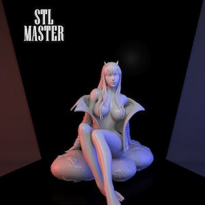 May include: A white 3D printed figurine of a woman with long hair and horns, wearing a jacket, sitting on a cloud-shaped cushion. The figurine is lit with red and blue light.