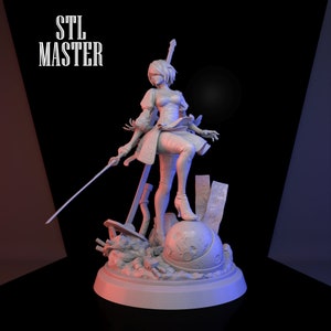 May include: A white 3D printed figurine of a female character holding a sword. The character is standing on a base with a round, textured object and other debris. The figurine is posed in a dynamic action pose.