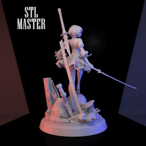 May include: A white 3D printed figurine of a female character with short hair, holding a sword in one hand and a katana in the other. The character is standing on a base with a rocky texture. The text "STL MASTER" is visible in the background.