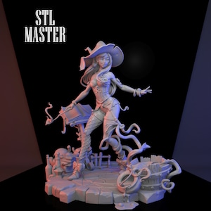 May include: A gray 3D printed figurine of a female witch with a pointed hat, holding a book and a wand. She is standing on a base with a cauldron and other magical items.