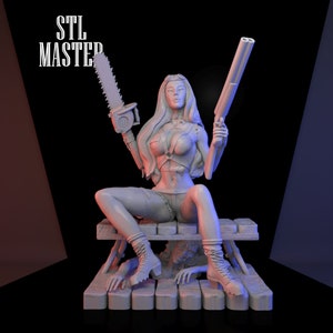 May include: A grey 3D printed figurine of a woman holding a chainsaw and a shotgun, sitting on a wooden platform with two zombie figures underneath. The woman is wearing a leather vest, shorts, and boots. The platform has a wooden plank design.