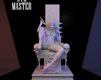 May include: A white 3D printed figurine of a woman sitting on a throne with skulls on the arms. The woman is wearing a crown and a necklace. The throne is decorated with a skull and crossbones design. The figurine is on a white base.