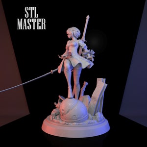 May include: A white 3D printed figurine of a female character with short hair, wearing a dress and holding a sword. The character is standing on a base with a round, textured object.