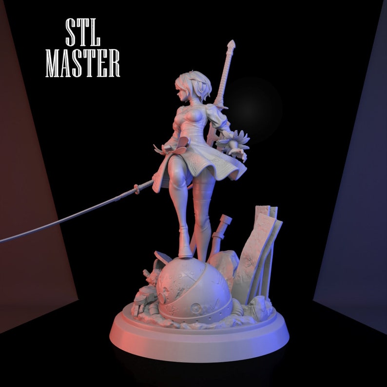 May include: A white 3D printed figurine of a female character with short hair, wearing a dress and holding a sword. The character is standing on a base with a round, textured object.