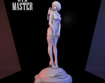 May include: White 3D printed figurine of a female character with short white hair, wearing a white jumpsuit and thigh-high boots. The figurine is standing on a round base with the text "NieR Automata" printed on it.