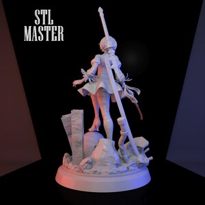 May include: A white 3D printed figurine of a female character holding a sword. The character is standing on a base with a rocky texture. The base is surrounded by debris. The text "STL MASTER" is visible in the background.