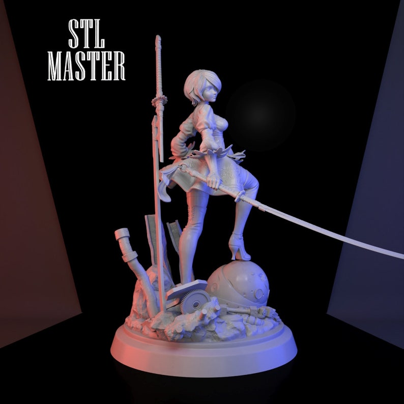 May include: A white 3D printed figurine of a female character with short hair holding a sword. The character is standing on a circular base with a rocky surface and a round object. The text "STL MASTER" is visible in the background.