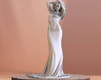 May include: A white, 3D printed sculpture of a woman with long hair, wearing a flowing gown. The sculpture is standing on a wooden base with the text "STLMASTER" printed on it.