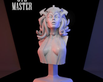 May include: A white 3D printed bust of a woman with snakes for hair, wearing a crown and a necklace. The bust is on a white pedestal with a square base.