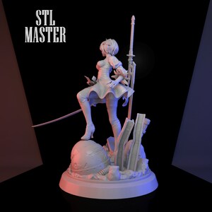 May include: A white 3D printed figurine of a female character with short hair, wearing a short skirt and holding a sword. The figurine is standing on a base with a round, textured object and other details.