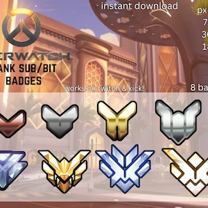 May include: Eight Overwatch rank badges for Twitch and Kick, featuring a variety of colors and designs, including gold, silver, and blue. The badges are available in three sizes: 72x72, 36x36, and 18x18 pixels.