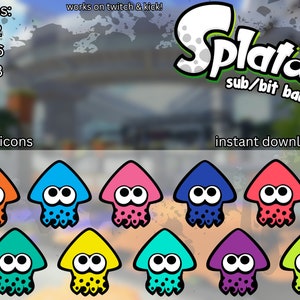 May include: Ten colorful Splatoon sub/bit badges featuring a squid-like character with different colored bodies and black eyes. The badges are available in three sizes: 72x72, 36x36, and 18x18 pixels. The text "instant download" is also included.